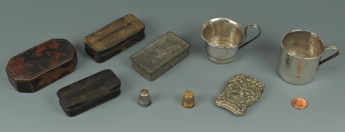 Group of decorative items: sterling, horn, 10K: Group of decorative items including 2 sterling silver baby cups (1-5/8" H and 1-7/8" H), 2 horn snuff boxes, 1 sterling match box (2-1/2" x 1-7/8"), 1 sterling thimble, 1 10K yellow gold thimble, 1 pa