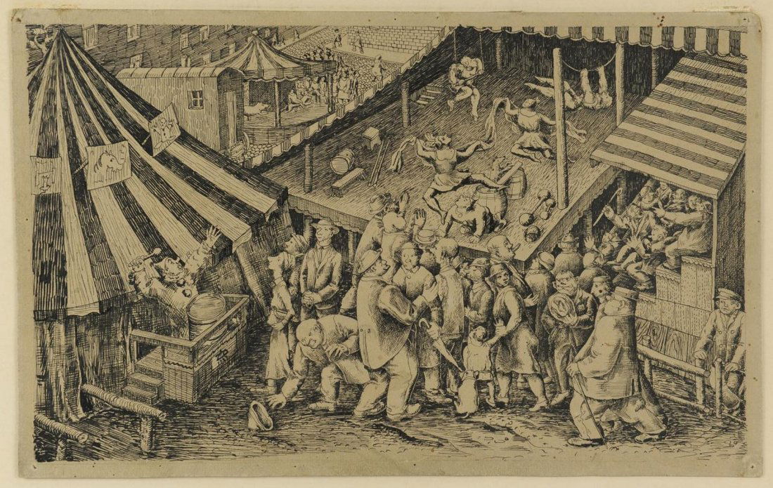 Sepia Ink Drawing, in the manner of Reginald Marsh: Sepia ink drawing in the manner of Reginald Marsh, depicting a urban circus scene with outdoor performers and clown with a line of patrons. Initialed and dated in the plate ZD(?), 1927. Ink drawing on