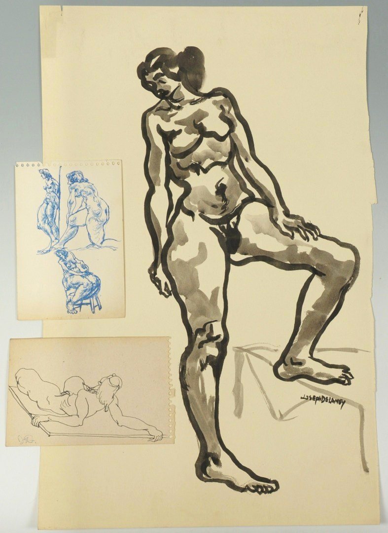 3 Joseph Delaney Nude drawings: Joseph Delaney (Tennessee/New York, 1904-1991) signed nude drawings, 3 total. 1st item - Large ink and watercolor drawing of a nude female. Signed lower right. Unframed. 19 1/8" H x 12" W. 2nd item -
