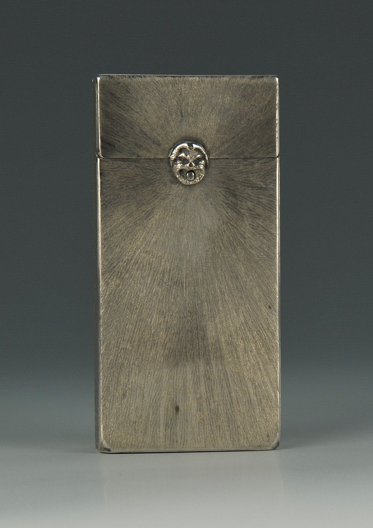 Tiffany & Company Silver Box: Tiffany and Company sterling silver rectangular box with spring hinged top, mask clasp and Art Deco design. Marked "Tiffany & Co, sterling , Italy" and 356 FI. Personal inscription to interior of top.