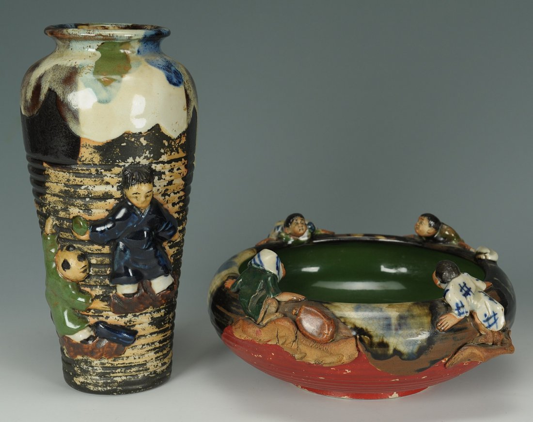 Two pieces Asian Sumida Gawa pottery: Two pieces of Sumida ware. 1st item: Tall tapered round vase with two applied young boy figures, 8" H. 2nd item: Round bowl with four applied figures, 3" H x 7" Diameter. Japanese, early to mid 20th c