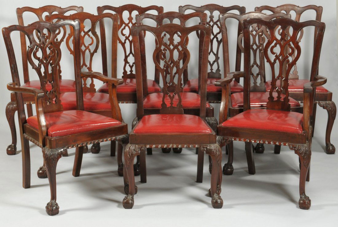Ten Chippendale Style Dining Chairs: Set of ten Chippendale style dining chairs, two armchairs and eight side chairs, all with carved pierced splats, gadroon-carved skirts and front acanthus carved cabriole legs ending in ball and claw f