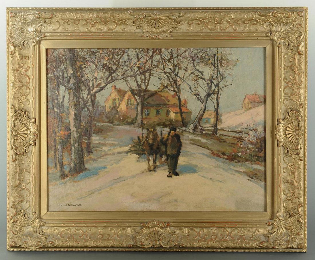 Winter Landscape by Donald William Keith: Winter Landscape oil on board, signed lower left "Donald William Keith," depicting a figure leading a horse pulling a sled with cottages in the background. Housed in a carved gilt frame. Sight - 11 5/