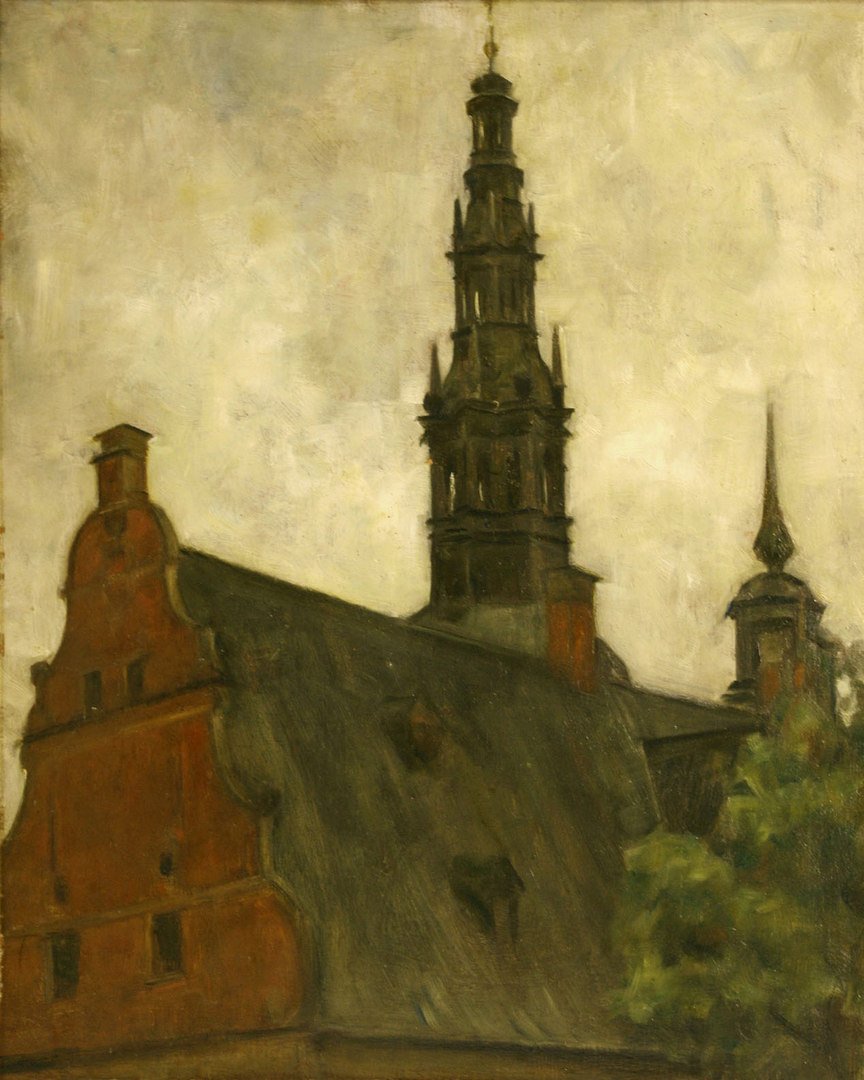 Attr. Svend Hammershoi, Frederiksborg Castle, Oil: Framed oil on board painting depicting a tower of Frederiksborg Castle in Hillerod, Denmark, against a darkening sky. Unsigned; attributed to Svend Hammershoi (Danish, 1873-1948). Carved giltwood and 