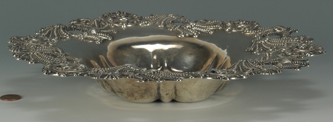 Dominick & Haff sterling bowl, seashell design: Sterling silver bowl, round with pierced border, finely cast in a shell and seaweed motif with beaded tendrils, tapering to a lobed bowl. Monogrammed D. Marked on base for Dominick & Haff, maker, and 