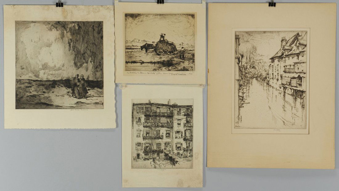 4 etchings By Ernest Roth & others: 1st item - Etching by Ernest David Roth (New York, 1879 - 1964) titled "Chartres". Signed and dated in pencil lower right. Titled and signed in the plate. Unframed but matted. Sight - 11 3/4" H x 8 1/