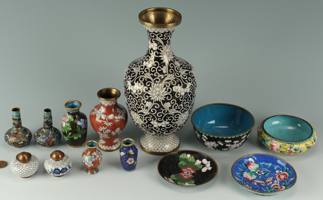 Grouping of Chinese Cloisonne, 13 pcs.: Grouping of Chinese cloisonne including 7 vases, 2 bowls, 2 saucers and 2 salt/pepper shakers. Ranging in height from 1-1/2" H to 9-1/2" H. All 20th century.