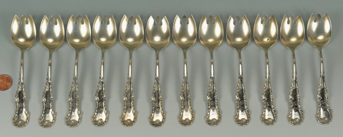 12 George III Whiting Sterling Ice Cream Forks: Twelve sterling ice cream forks by Frank M. Whiting in the 1891 George III pattern. Monogrammed B E R. 5-1/8" L , 5.665 troy ounces.