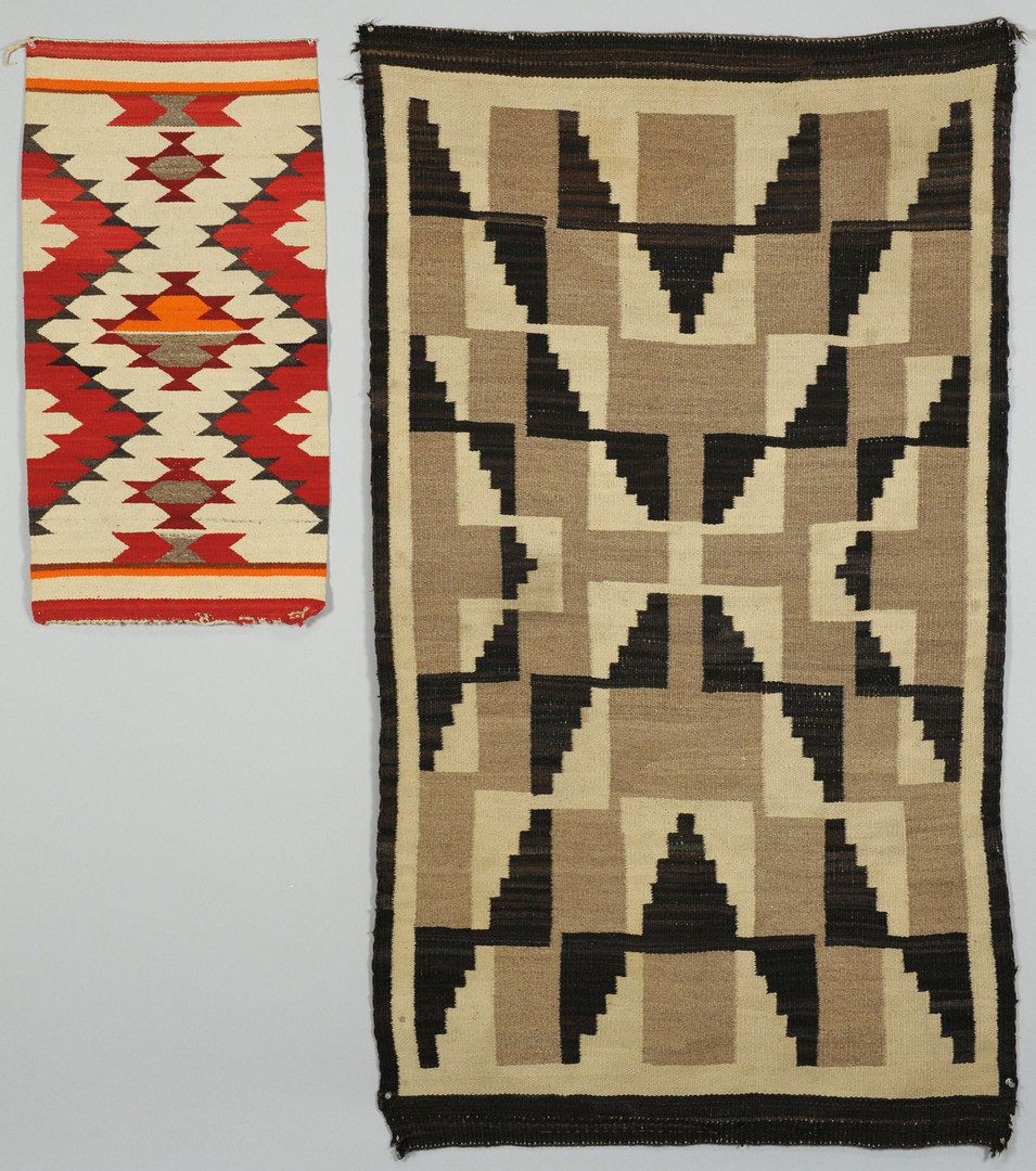 Two Navajo Weavings: Two Navajo weavings. Item 1: Navajo rug woven in a stepped geometric pattern in colors of tan, black, and brown on a cream field. 64" L x 36" W. 2nd quarter of the 20th century. Item 2: Small Navajo w