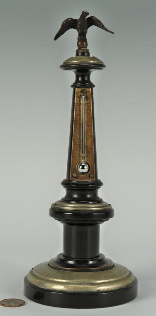 Grand Tour Desk Thermometer: Architectural style Grand Tour desk thermometer, ebonized wood with silvered metal trim and a cast bronze eagle finial, engraved brass dial, fully functional. 9"H. Probably French, circa 1900. Provena