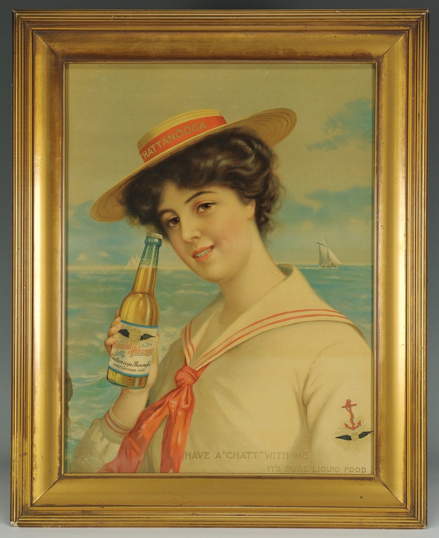 Chattanooga Imperial Pilsner Advertising: Scarce Chattanooga Brewery framed advertisement on canvas board titled at the bottom margin, "Have a Chatt With Me It's Pure Liquid Food". Depicting a young female in a sailor outfit holding an Imperi