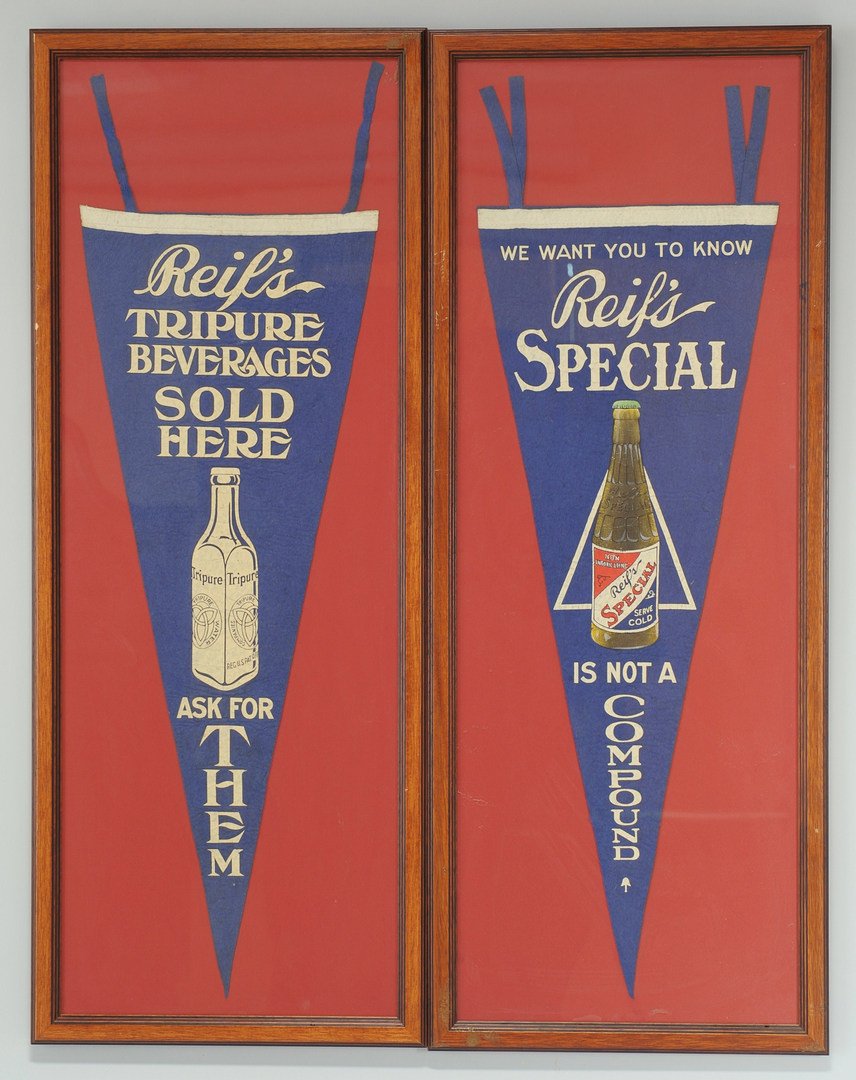 2 Chattanooga Brewing Co. Pennants: 2 Chattanooga Brewing Co. Advertising Pennants, Rief's Tripure & Reif's Special. 1st item - Framed blue felt pennant reading "Reif's Tripure Beverages Sold Here. Ask For Them" with an image of the dri