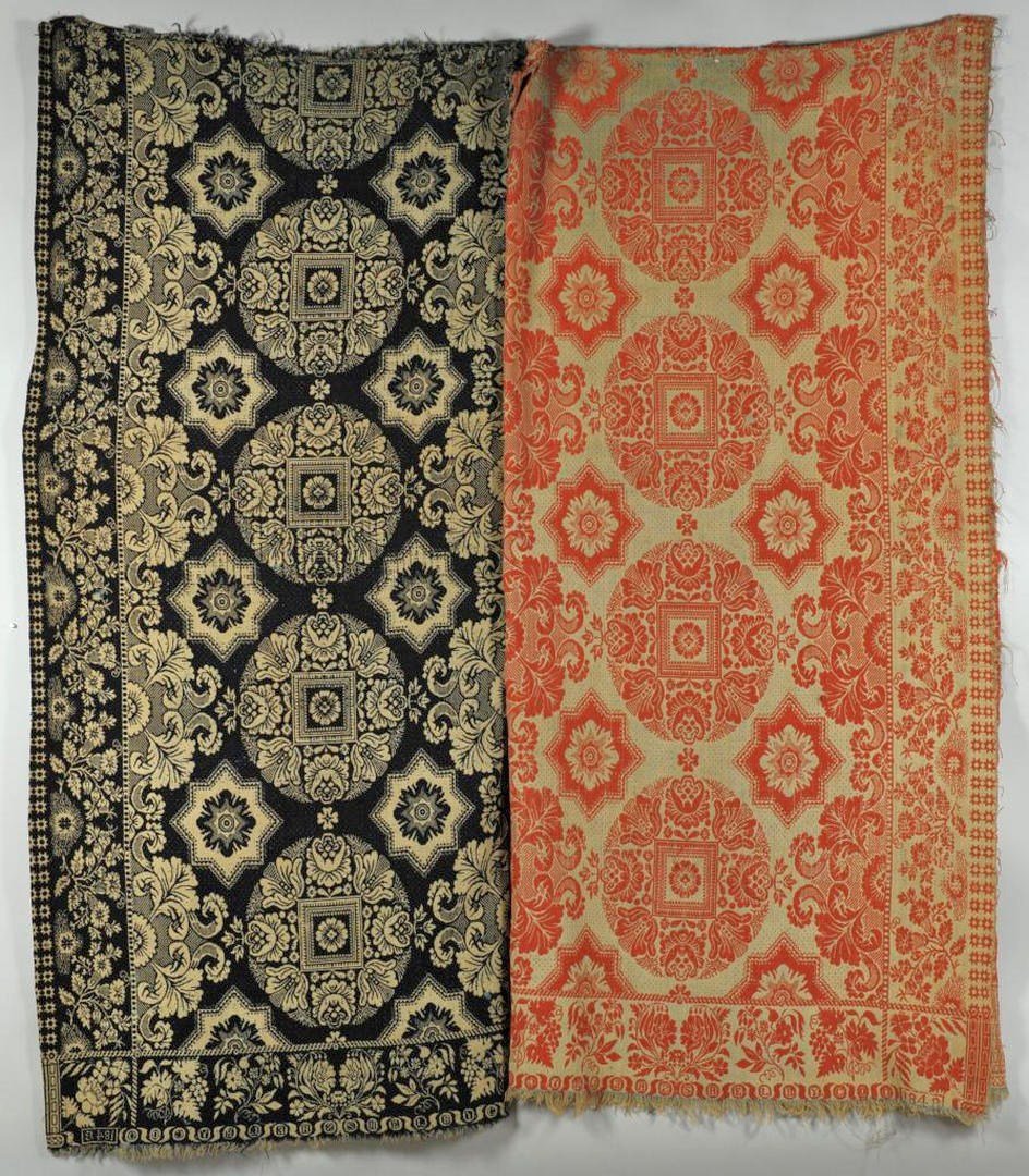 2 19th c. Jacquard Coverlets & Dye Recipe, poss KY: Two 19th century jacquard coverlets,possibly Kentucky, each of two-piece construction with the date and county woven in the lower border, "1848 Shelby Co. O". Design features oval floral medallions fl