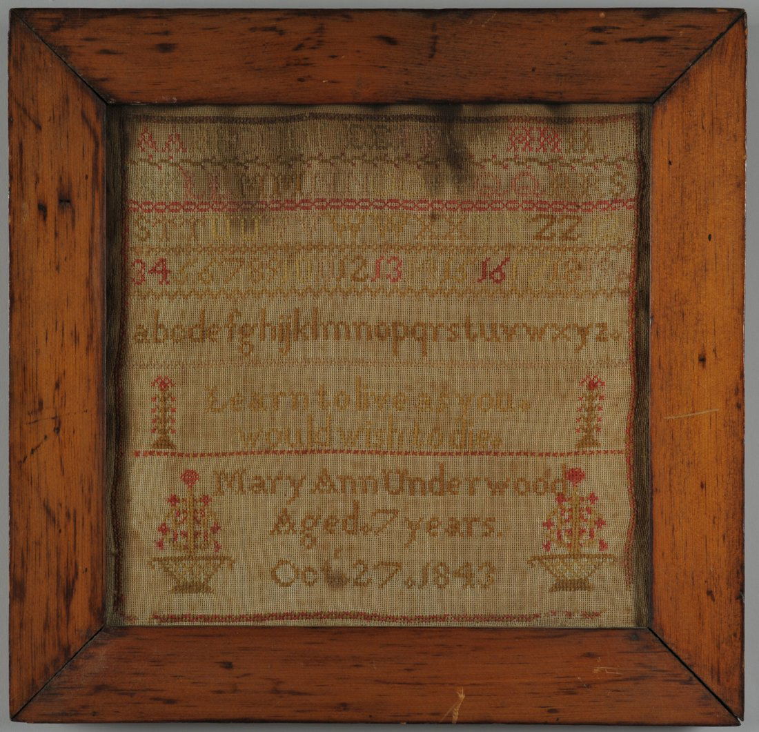 Sampler, possibly Kentucky, and Irish Convent: Two 19th century needlework samplers, one possibly Southern Kentucky. 1st item: Schoolgirl needlework sampler, cotton or wool on linen, signed Mary Ann Underwood/ Aged 7 years/ Oct '27, 1843/ with sty