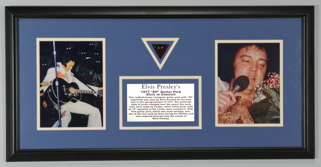 Elvis Presley used 1977 Guitar Pick: 1977 Elvis Presley guitar pick, used by Elvis for his final tour in the spring and summer of 1977. The red/brown triangular pick specially imprinted with "EP". This guitar pick, which was used onstage