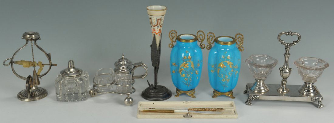 Asst'd silverplate, mother of pearl table items: Grouping of sterling and mother of pearl table/desk items including two (2) sterling rimmed glass wine coasters (5-1/2" dia); a sterling and glass ink well; a weighted silverplate wax jack (5-1/2" H);