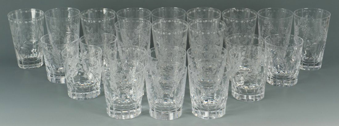 William Yeoward Crystal Glasses, Fern Pattern: William Yeoward crystal glasses, Fern Pattern, 12 double old-fashioneds (5 1/2" H) and 12 highball crystal glasses (4" H).