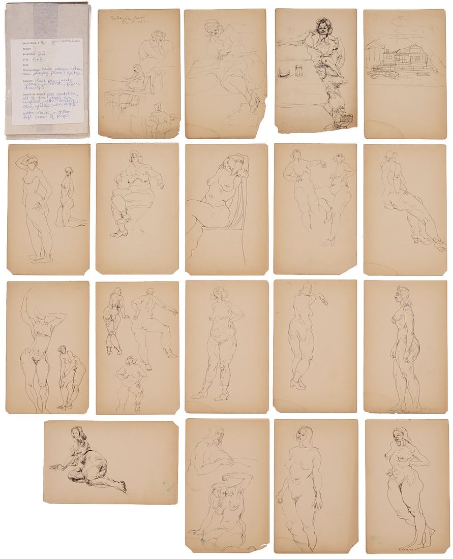 Joseph Delaney Sketchbook, 18 Signed Images: Joseph Delaney (Tennessee/New York, 1904-1991) sketchbook with eighteen (18) loose ink sketches depicting female nudes in various poses along with one (1) street scene including a house