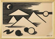 Alexander Calder Ink Painting, Landscape w/ Pyramids & Moon, 1953