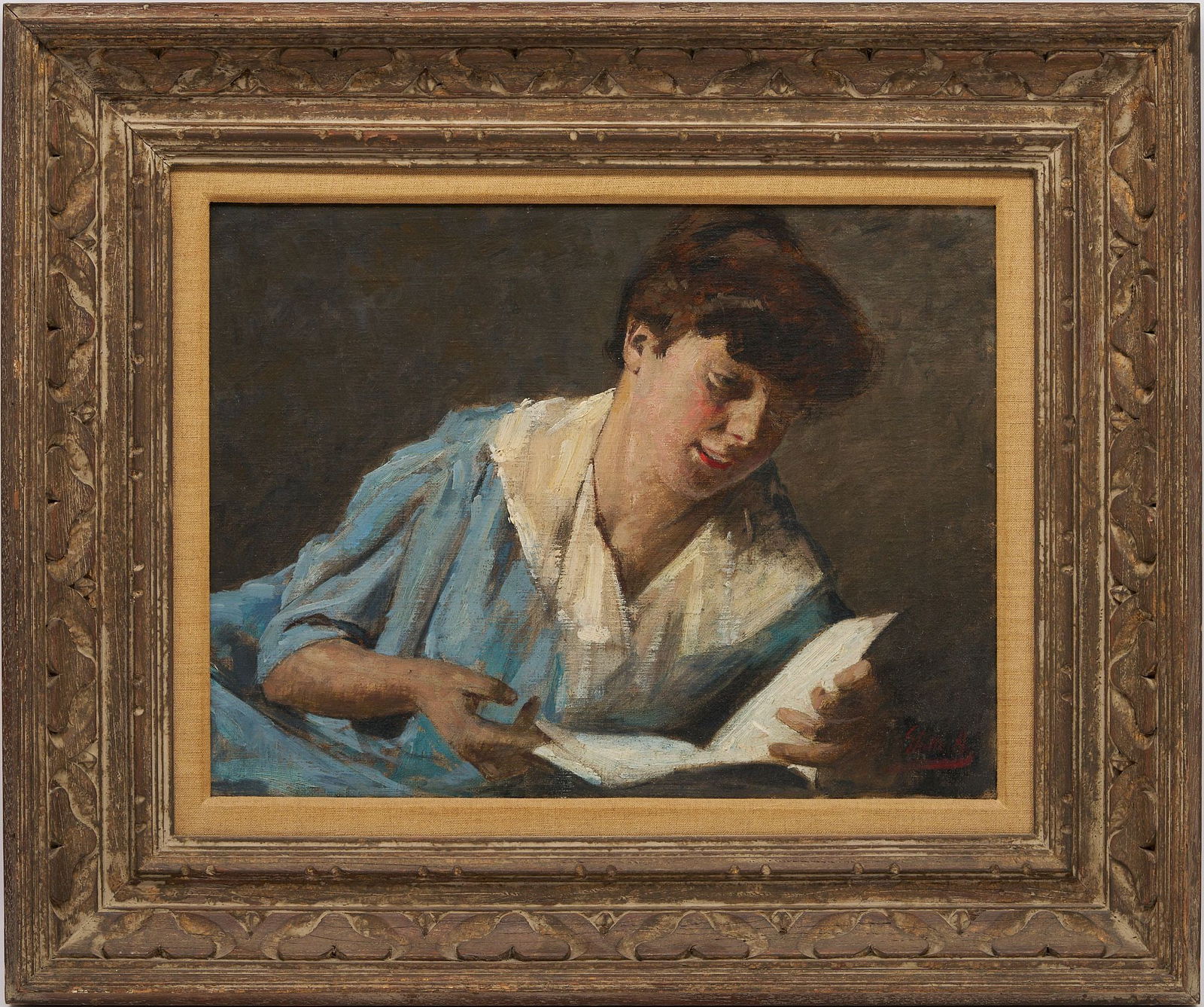 Armin Glatter O/C Painting of Woman Reading: Armin Glatter (Hungarian, 1861-1961) oil on canvas painting depicting a woman reading a book, against an indistinct background. Signed lower right. Housed in a hand carved wooden frame with linen