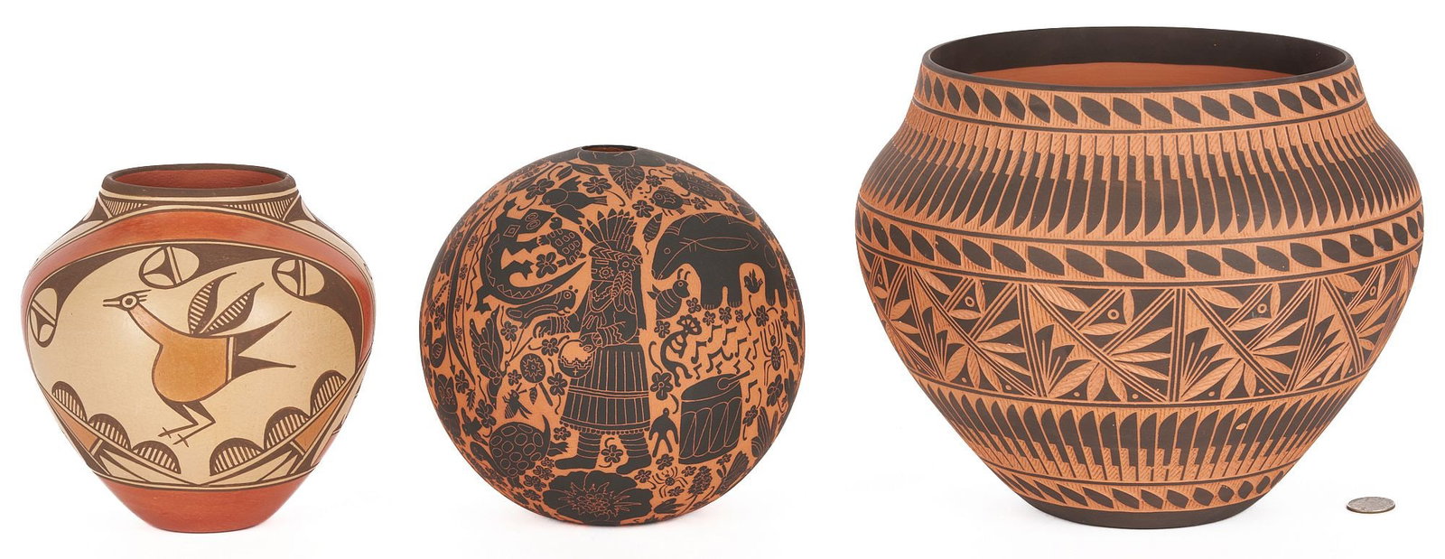 3 Native American Pottery Items , incl. Elizabeth MedinaÂ: Three Native American pottery jars including: a Zia polychrome earthenware olla by Elizabeth Medina (b. 1954) Jemez Pueblo with roadrunner and geometric designs, signed on the base; a Navajo
