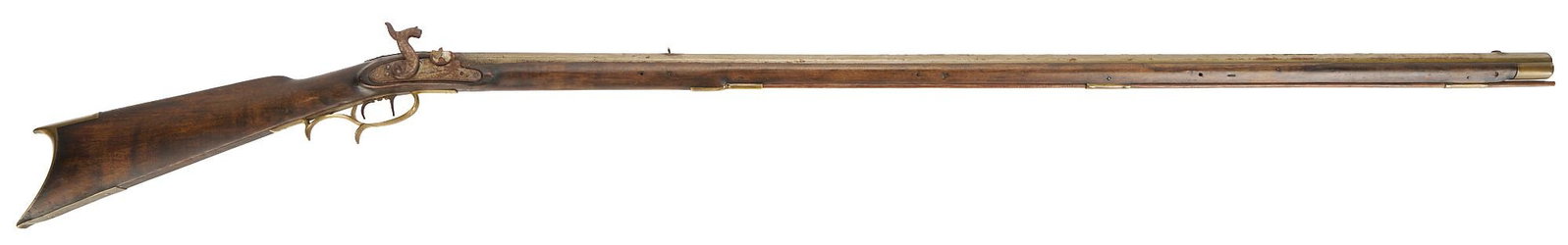 Kentucky Full Stock Percussion Long Rifle, H West: Full stock .40 caliber percussion Kentucky long rifle, signed "H West" on barrel flat. Octagonal barrel with front and rear sights; brass trigger guard, ramrod loops and cresc