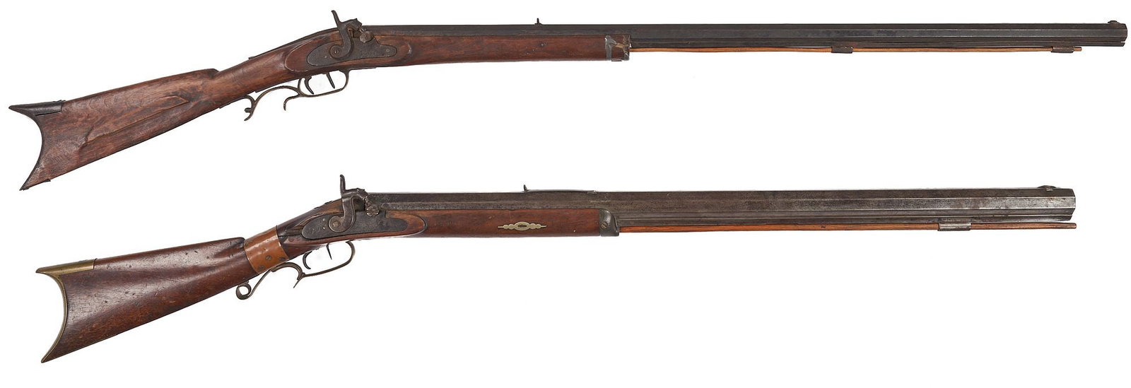 Two (2) Half Stock Percussion Rifles, One Marked Brunker: Two (2) Half Stock Percussion Rifles. 1st item: American mid-19th century, .50 caliber, heavy octagonal barrel stamped "BRUNKER / OTTAWA / WARRANTED" on top flat behind the adjustable rear s