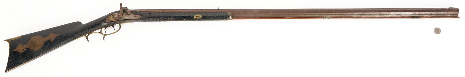 Kentucky Half Stock .36 cal. Percussion Rifle; J. Griffith, Louisville: Kentucky half stock .36 caliber percussion rifle, octagonal barrel marked "J. Griffith, Louisville, KY". Brass hardware and patch box, double-set triggers, wooden ramrod.