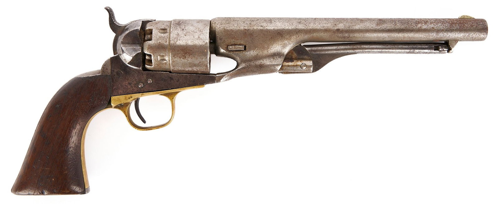 Colt Army Model 1860 Revolver: Colt Model 1860 Army revolver, .44 caliber, matching serial number 69299 on the backstrap, trigger guard, frame, barrel, and cylinder. Cut for stock. Barrel marked "Address Col. Saml Colt Ne