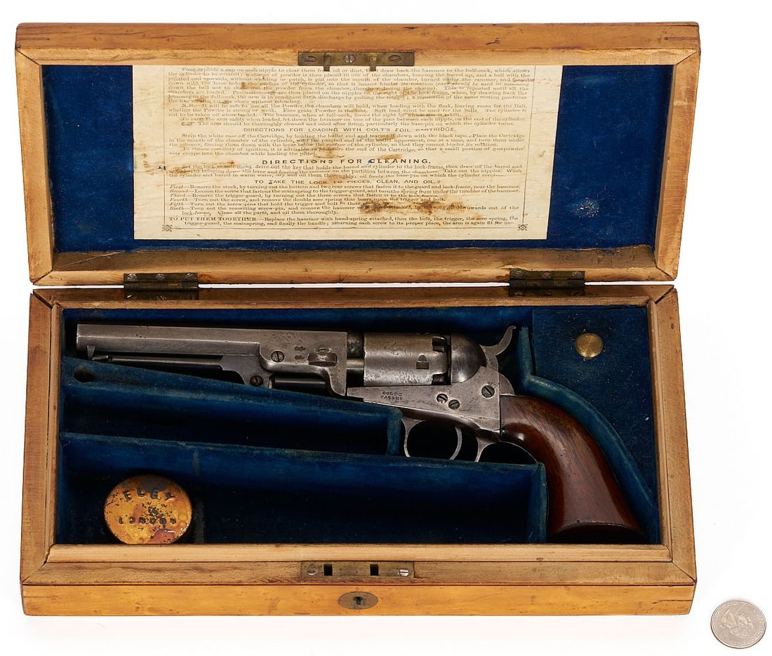 Cased Colt Model 1849 London Pocket Percussion Revolver: Cased Civil War era Colt Model 1849 London Pocket Percussion Revolver, .31 caliber, serial number 5833, all visible serial numbers matching on frame, trigger guard, back strap, cylinder arbor, cy