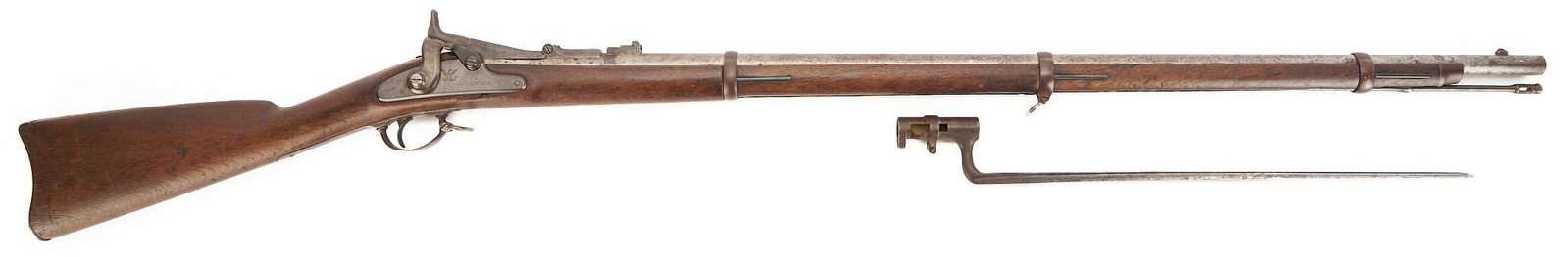 1863 Springfield Trapdoor .50 cal. with Allin Trapdoor Conversion; Civil War Period Bayonet: Civil War era Springfield Model 1863 Rifle-Musket, .50 caliber. Lock plate marked 1863 U.S. SPRINGFIELD with eagle logo and dated 1863. Converted in 1866 to a breech loader, marked "1866&quo