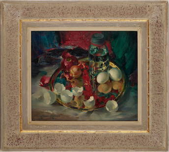 Arthur Meltzer O/C Still Life, Eggs & Onion Reflections: Arthur Meltzer (Pennsylvania/Minnesota, 1893-1989) oil on canvas still life&nbsp;painting entitled &quot;Eggs and Onion Reflections&quot; and depicting eggs, onions, and a glass jar filled with clear