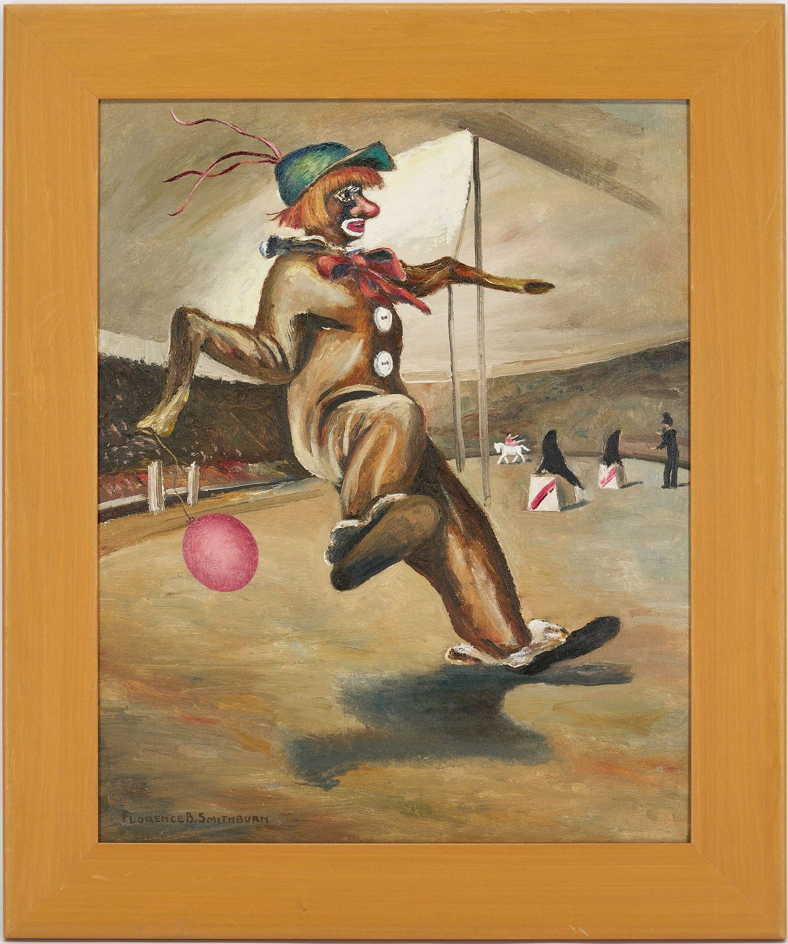 Florence Smithburn O/C, Clown at the Circus: Florence Bartley Smithburn (Indiana, 1904-1989) oil on canvas board circus scene depicting an African American circus clown engaged in a lively performance before a large crowd. Behind him seals