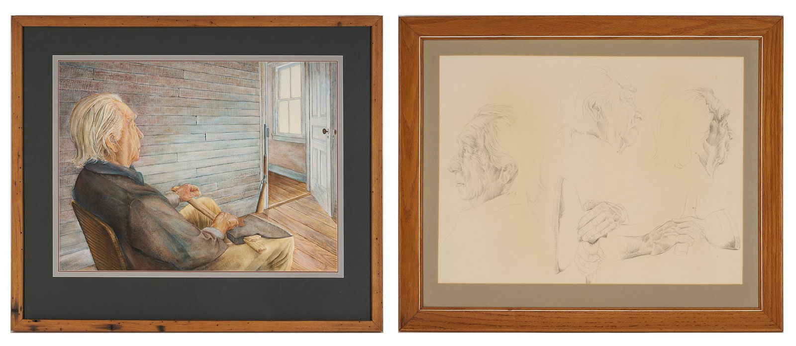 Paull Anderson W/C Painting, Goingback Chiltosky & Graphite Study for the Painting: 1st item: John Paull Anderson (Massachusetts/South Carolina, c. 1938-2022) dry brush watercolor on paper with white oil or acrylic highlights, depicting the Native American Cherokee master carver
