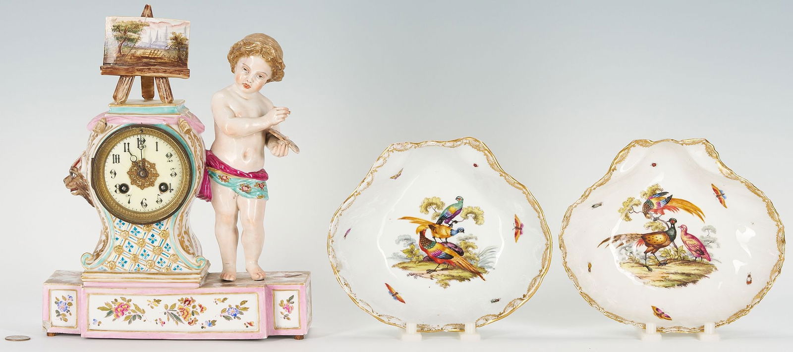 Porcelain Cherub Figural Clock & Pair Meissen Shell Dishes (1 of 19)
