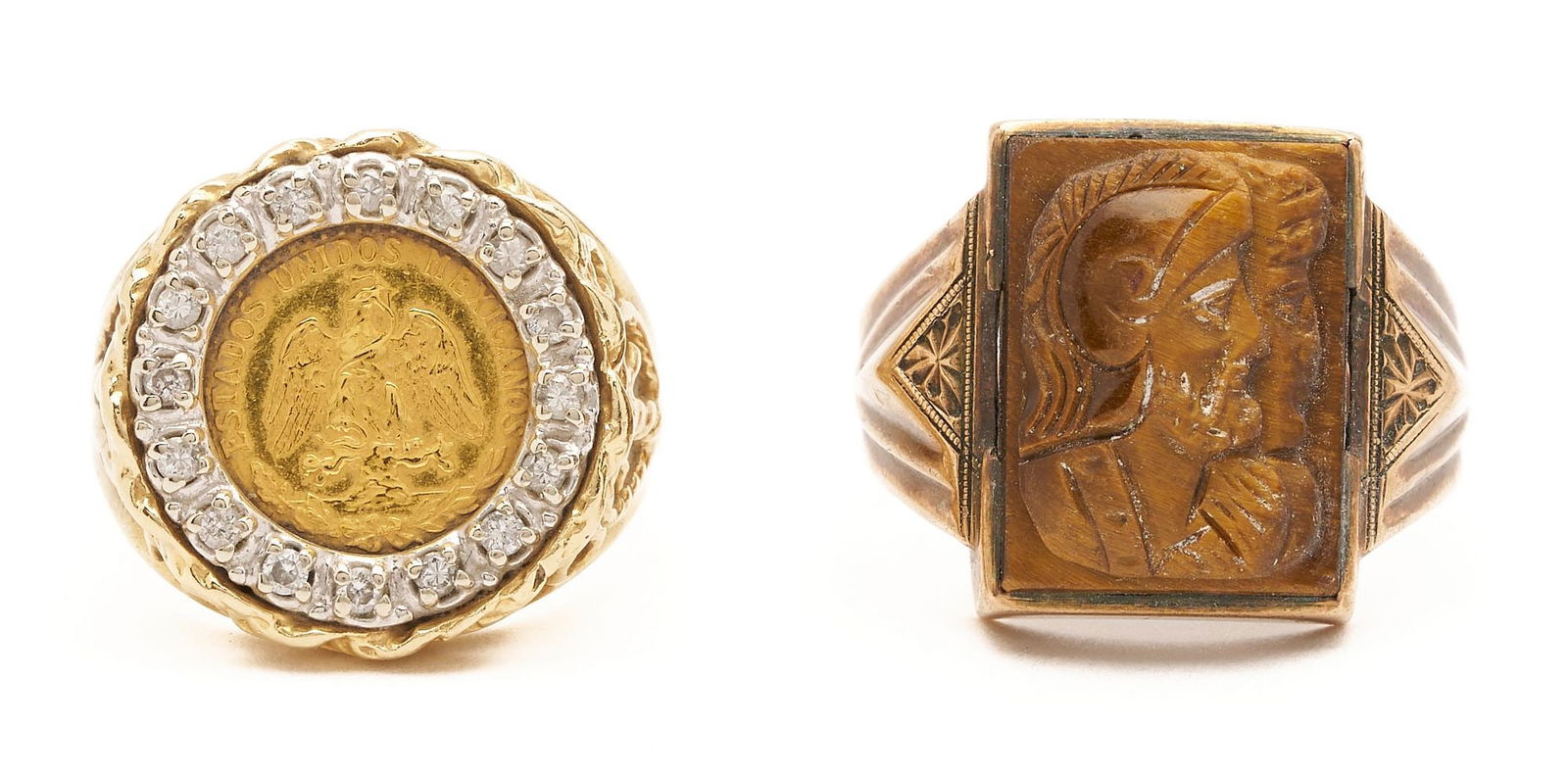 14K Gold, Diamond, & Mexican two Peso piece Ring & 10K Gold & Tiger-eye Carved Cameo Ring (1 of 7)