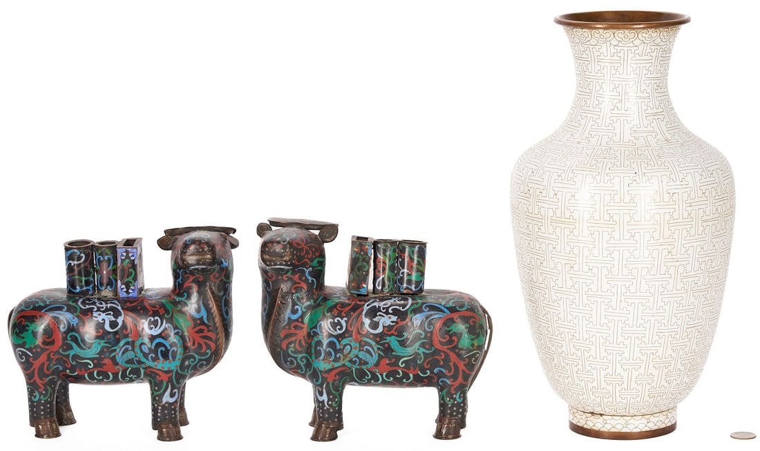 Pair of Cloisonne Water Buffalos plus Vase (1 of 20)