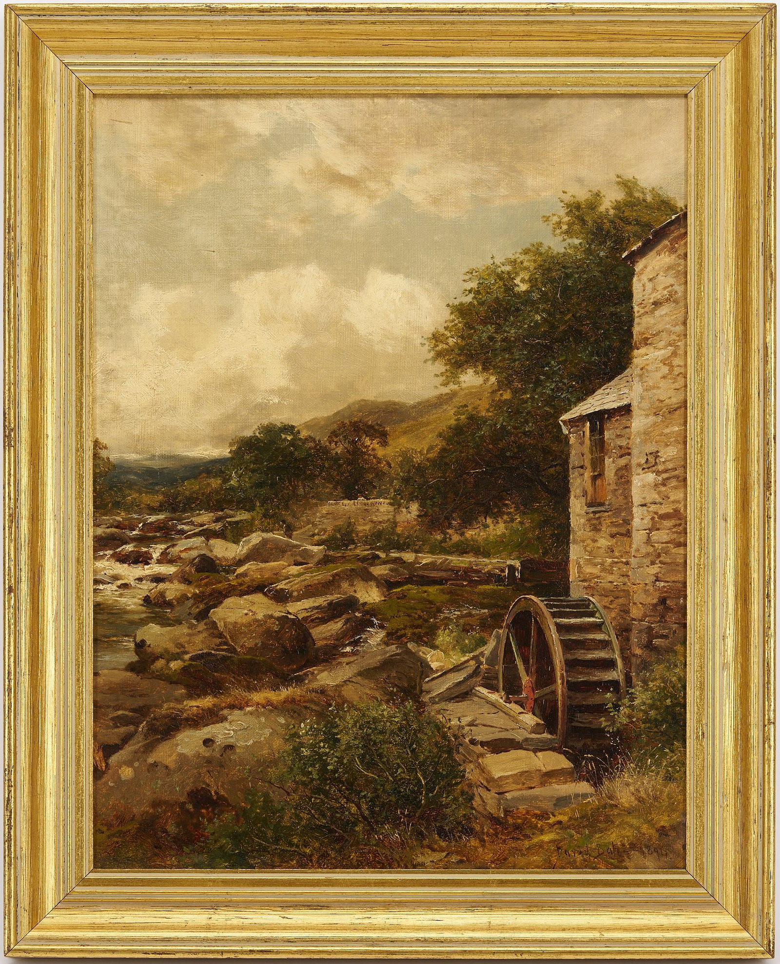David Bates O/C Welsh Landscape, The Mill on the Llugwy, 1894: David Bates (English, 1840-1921) oil on canvas rural Welsh landscape painting entitled "The Mill on the Llugwy," 1894. A stone mill house and waterwheel stand to right of the rocky rive