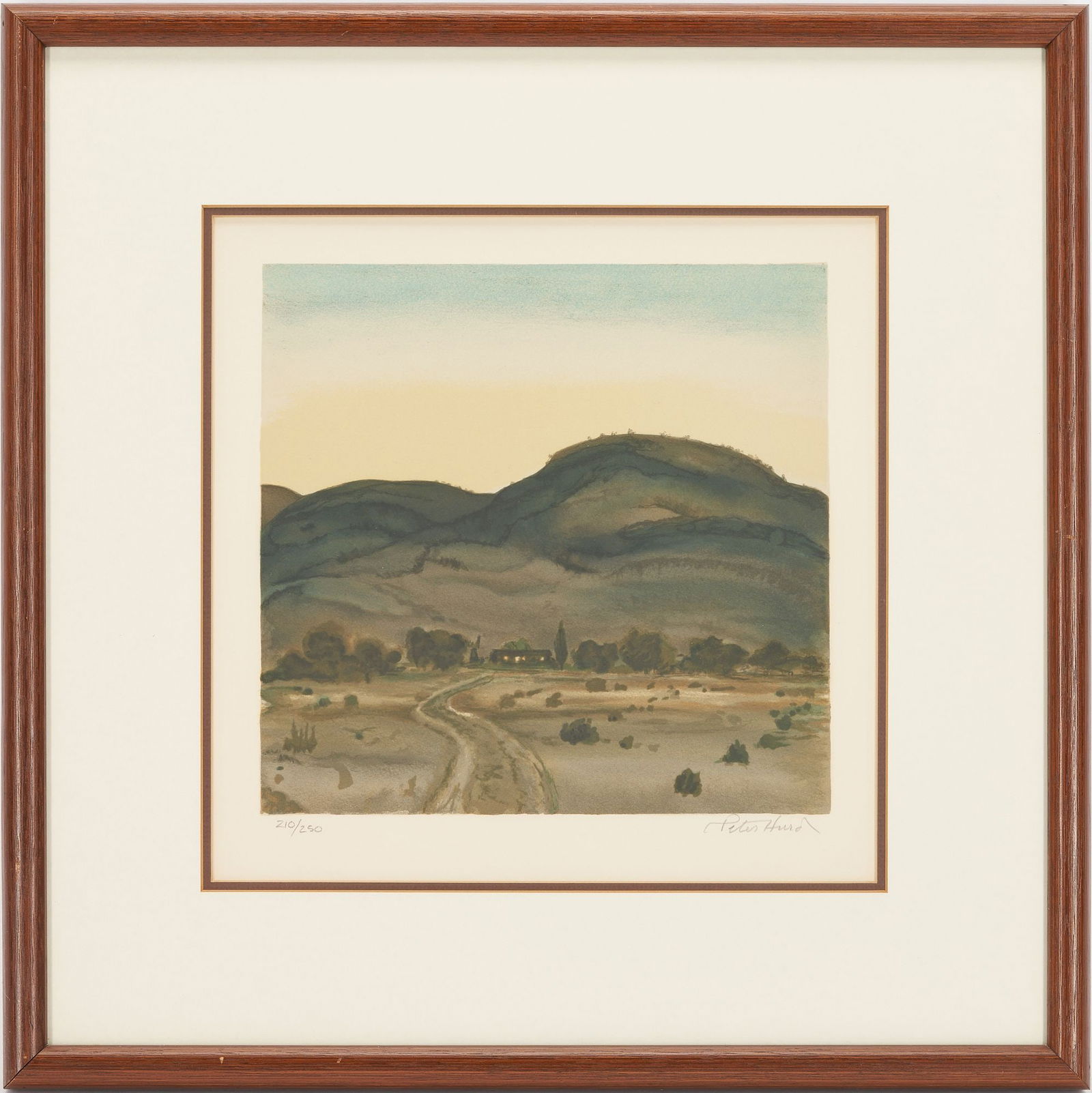Peter Hurd Western Landscape Lithograph: Peter Hurd (1904 - 1984, New Mexico, Pennsylvania), "A Ranch at Dawn," color lithograph depicting a winding road, foreground, that leads to a solitary structure flanked by trees with mountai