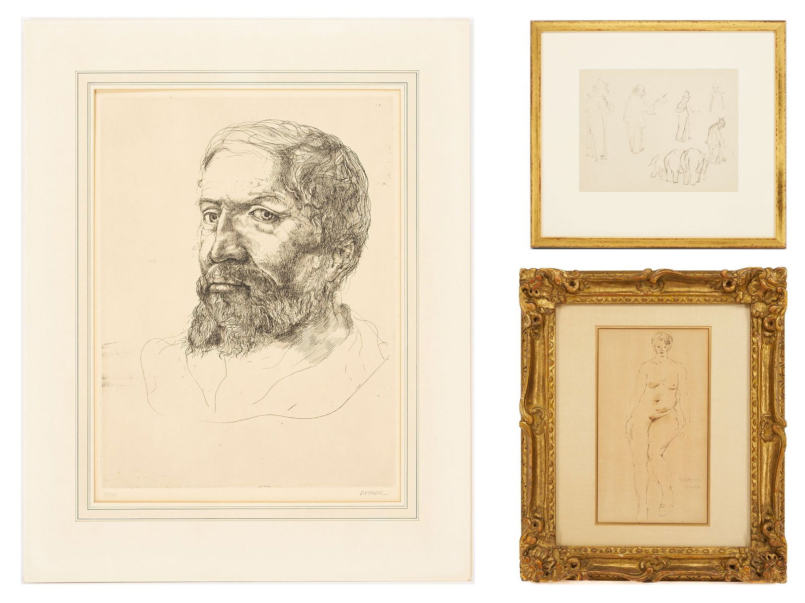 2 Drawings: Raphael Soyer Nude, Circus, Plus 1 Portrait Etching of Michelangelo: 3 works on paper: Raphael Soyer, Thomas Cornell and style of Anthony Thieme. 1st item: Raphael Soyer (American/Russian 1899-1987) ink on paper drawing of a nude woman. Signed lower right, wi