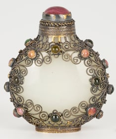 Chinese Tibetan Style Filigree & Precious Stone Embellished Jade Snuff Bottle