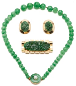 14K Gold & Jade Necklace, Pendant, & Earrings