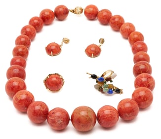 Three (3) Pcs Gold & Sponge Coral Jewelry plus Multistone Ring