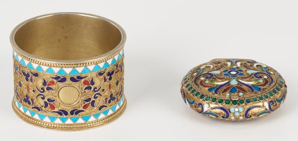 Russian Enameled Silver Napkin Ring and Compact