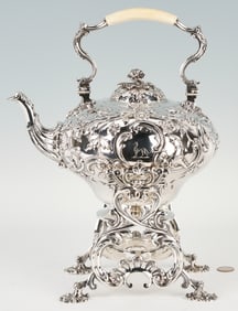 Geo. IV Sterling Silver Kettle on Stand with Greyhound and Hunting Motifs
