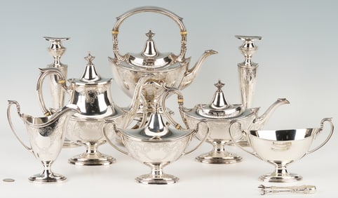 Gorham Plymouth Sterling Tea Set, Tongs and Candlesticks
