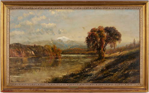 Edmund Darch Lewis O/C Landscape: Edmund Darch Lewis (Pennsylvania, 1835-1910) oil on canvas Hudson River School-style landscape with a wide river in the foreground and distant, snow-capped mountain, likely set in Pennsylvania, 1886.