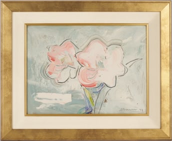 Sterling Strauser O/B Painting, Pink Flowers on Blue Ground