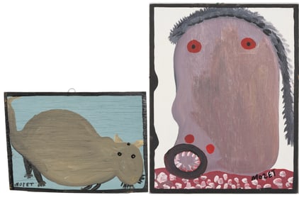 2 Mose Tolliver Folk Art Paintings - Rat & Tire Mouth Face