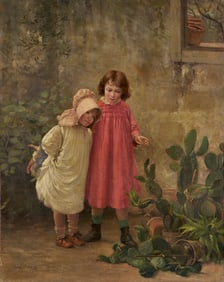Carl Gutherz O/C Painting, Two Girls w/ Cactus